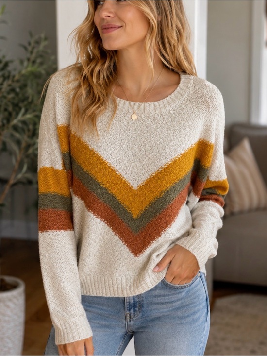 Lumiere Sweaters - Lumiere Cream Chevron Sweater with Mustard, Olive & Rust Stripes